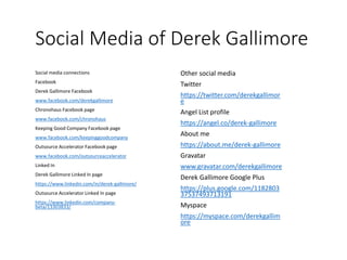 Social Media of Derek Gallimore
Social media connections
Facebook
Derek Gallimore Facebook
www.facebook.com/derekgallimore...