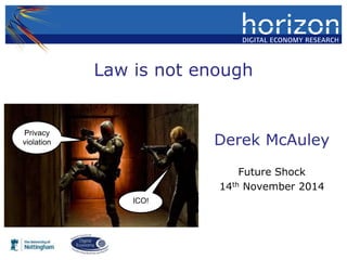 Law is not enough 
Derek McAuley 
Future Shock 
14th November 2014 
Privacy 
violation 
ICO! 
 