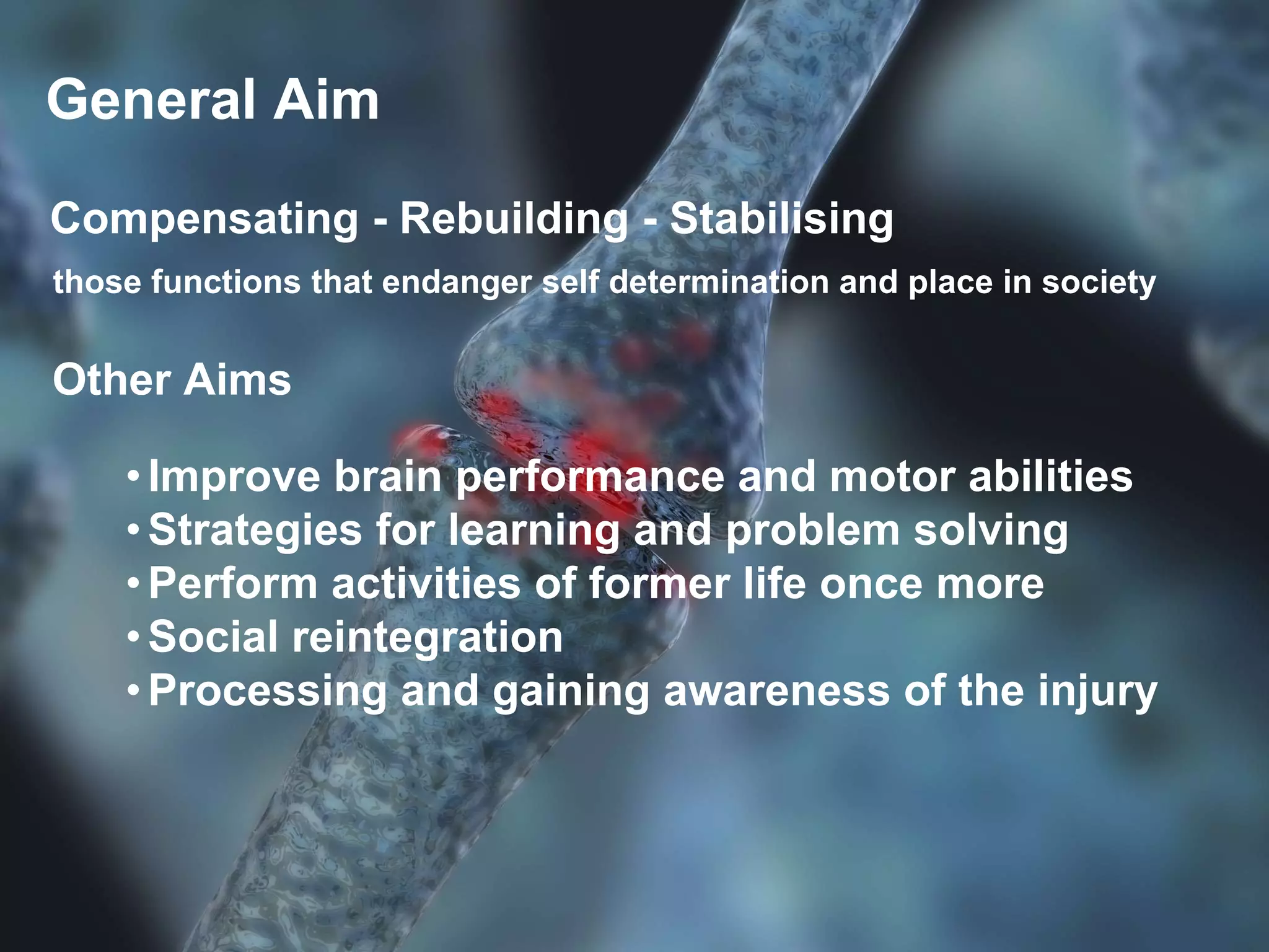 General Aim
Compensating - Rebuilding - Stabilising
those functions that endanger self determination and place in society
Other Aims
•Improve brain performance and motor abilities
•Strategies for learning and problem solving
•Perform activities of former life once more
•Social reintegration
•Processing and gaining awareness of the injury
 
