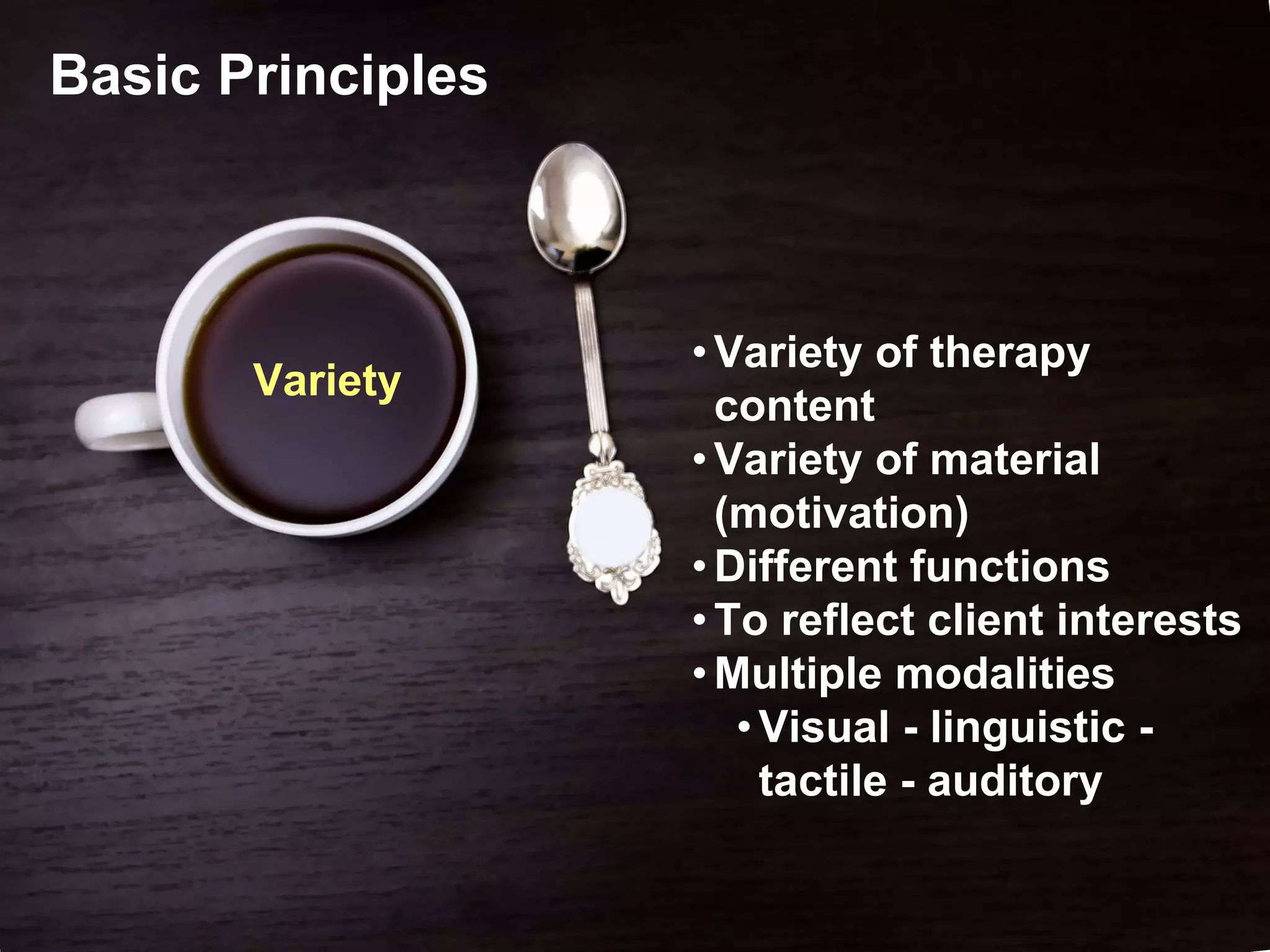 Basic Principles
Variety
• Variety of therapy
content
• Variety of material
(motivation)
• Different functions
• To reflect client interests
• Multiple modalities
•Visual - linguistic -
tactile - auditory
 