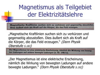 Magnetismus als Teilgebiet
        der Elektrizitätslehre


„Magnetische Kraftlinien suchen sich zu verkürzen und
gegenseitig abzustoßen. Dies äußert sich als Kraft auf
die Körper, die das Feld erzeugen.“ (Dorn Physik
Oberstufe S.183)


„Der Magnetismus ist eine elektrische Erscheinung,
nämlich die Wirkung von bewegten Ladungen auf andere
bewegte Ladungen.“ (Dorn Physik Oberstufe S.192)
 