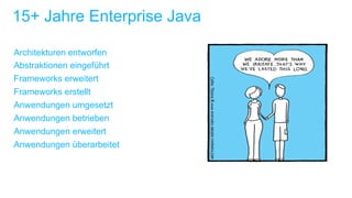 15+ Jahre Enterprise Java
Architekturen entworfen
Abstraktionen eingeführt
Frameworks erweitert
Frameworks erstellt
Anwendungen umgesetzt
Anwendungen betrieben
Anwendungen erweitert
Anwendungen überarbeitet
 