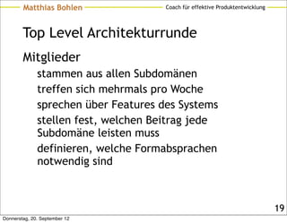 Matthias Bohlen               Coach für effektive Produktentwicklung




        Top Level Architekturrunde
        Mitglieder
              stammen aus allen Subdomänen
              treffen sich mehrmals pro Woche
              sprechen über Features des Systems
              stellen fest, welchen Beitrag jede
              Subdomäne leisten muss
              definieren, welche Formabsprachen
              notwendig sind



                                                                               19
Donnerstag, 20. September 12
 