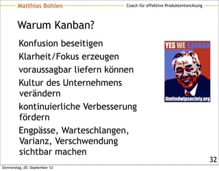 Matthias Bohlen           Coach für effektive Produktentwicklung




        Warum Kanban?
         Konfusion beseitigen
         Klarheit/Fokus erzeugen
         voraussagbar liefern können
         Kultur des Unternehmens
         verändern
         kontinuierliche Verbesserung
         fördern
         Engpässe, Warteschlangen,
         Varianz, Verschwendung
         sichtbar machen
                                                                           32
Donnerstag, 20. September 12
 