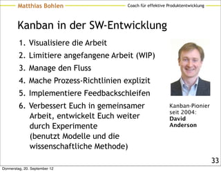 Matthias Bohlen                Coach für effektive Produktentwicklung




        Kanban in der SW-Entwicklung
         1. Visualisiere die Arbeit
         2. Limitiere angefangene Arbeit (WIP)
         3. Manage den Fluss
         4. Mache Prozess-Richtlinien explizit
         5. Implementiere Feedbackschleifen
         6. Verbessert Euch in gemeinsamer                 Kanban-Pionier
                                                           seit 2004:
            Arbeit, entwickelt Euch weiter                 David
            durch Experimente                              Anderson

            (benutzt Modelle und die
            wissenschaftliche Methode)
                                                                                33
Donnerstag, 20. September 12
 