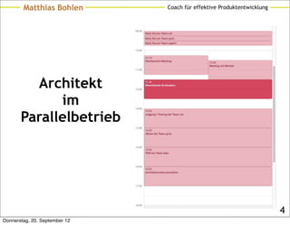 Matthias Bohlen        Coach für effektive Produktentwicklung




         Architekt
             im
       Parallelbetrieb




                                                                        4
Donnerstag, 20. September 12
 
