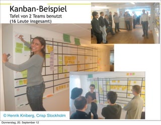 Matthias Bohlen              Coach für effektive Produktentwicklung

      Kanban-Beispiel
      Tafel von 2 Teams benutzt
      (16 Leute insgesamt)




 © Henrik Kniberg, Crisp Stockholm
Donnerstag, 20. September 12
 