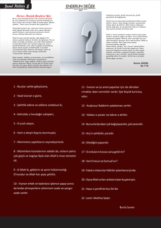 Kur'an-ı Kerimde Burçların Yeri
Burûc, aynı zamanda Kur'ân'ın 85. sûresinin de adıdır.
Bu sûre, gökyüzünün burçlarına yeminle başladığı için
Burûc Sûresi adını almıştır. İfâde ilk âyette geçer. Mânâsı
şöyledir: “Yemin olsun burçlarla dolu gökyüzüne.”1
Dînimizde burçların yeri, astronomi ilminin konusunu
teşkil edecek derecede vardır. Konu genel itibarıyla
pozitif bilimlerin, özel olarak da astronomi ilminin
konusu oldukça İslâmiyet'e ters düşmez.
Fakat konuyla astroloji denilen, gök bilgilerini fal
alanına çekerek kullanan fal-bilimi de ilgileniyor. Her ne
kadar insanoğlu astrolojiye, yani yıldız falıyla ilgilenen
bu özel alana bilim süsü vermeye çalışsa da, bunun
pozitif bilimlerden uzak, yıldız ve galaksi hareketlerine
dayalı olarak yapılan muhtelif kişilik ve karakter
yorumlamalarından ibâret bir dal olduğu açıktır. Bu
yorum dalına eskiler yıldız falcılığı mânâsında
“müneccimlik” diyorlardı.
Böyle ispattan, delilden ve burhandan, yani pozitiflikten
uzak yorumlamaları İslâmiyet'in onaylamasını
“beklemek bile” doğru değildir. Nitekim kişinin karakter
yapısını doğrudan Allah'a vermek gibi bir Tevhid inancı
dururken; bu yapıyı Allah'ın elinden alıp yıldızların bir
takım hareketleriyle ilişkilendirilecek biçimde doğum
tarihlerine vermek, tevhid inancıyla da, pozitif
gerçeklerle de bağdaşmaz.
Tevhid inancına göre kişiyi karakteriyle birlikte yaratan
Allah'tır. Kişinin, sahip olduğu karakteri çerçevesinde
terbiye edicisi de Allah'tır. Allah kullarını doğrudan
terbiye ettiği gibi, din göndererek kullarının irâdesine
kapı açmak sûretiyle de terbiye eder.
Kaldı ki, kişinin karakterini doğum tarihine göre tespit
etmenin pozitif bir değeri de yoktur. Konu pozitif bilimle
ispatlanmış değildir. Binlerce yıldır insanoğlu boş yere
yıldız falcılığıyla uğraşıyor. Konu hâlâ burhana, delile ve
ispata muhtaçtır. Konu hâlâ zanna dayalı
yorumlamalardan ibârettir.
Netice olarak, eskiden “ilm-i nücum” olarak bilinen
astronomi, bir ilimdir. Kur'ân'dan destek alır. Fakat,
astronomi bilgilerini burçlara dayalı bir takım gaybî
haberler üretmekte ve gelecek hesapları yapmakta
kullanmanın, yani “astroloji” olarak bilinen falcılığın
gerçekliği yoktur. Bu açıdan, Tevhîd inancı da böyle
fiillere değer vermiyor.
Emine GÜZEL
AL-11A
1 - Burçlar sahibi gökyüzüne,
2 - Vaad olunan o güne,
3 - Şahitlik edene ve edilene andolsun ki,
4 - Kahroldu o hendeğin sahipleri,
5 - O çıralı ateşin,
6 - Hani o ateşin başına oturmuşlar,
7 - Müminlere yaptıklarını seyrediyorlardı.
8 - Müminlere kızmalarının sebebi de, onların yalnız
çok güçlü ve övgüye lâyık olan Allah'a iman etmeleri
idi.
9 - O Allah ki, göklerin ve yerin hükümranlığı
O'nundur ve Allah her şeye şahittir.
10 - İnanan erkek ve kadınlara işkence yapıp sonra
da tevbe etmeyenlere cehennem azabı ve yangın
azabı vardır.
11 - İnanan ve iyi amel yapanlar için de altından
ırmaklar akan cennetler vardır. İşte büyük kurtuluş
odur.
12 - Kuşkusuz Rabbinin yakalaması serttir.
13 - Yoktan o yaratır ve tekrar o diriltir.
14-Bununlaberaberçokbağışlayandır,çoksevendir.
15-Arş'ınsahibidir,yücedir.
16-Dilediğiniyapandır.
17-Oordularınkıssasısanageldimi?
18-YaniFiravunveSemud'un?
19-Fakatoinkarcılarhâlâbiryalanlamaiçinde.
20-OysaAllahonlarıarkalarındankuşatmıştır.
21-HayıroşereflibirKur'ân'dır.
22-Levh-iMahfuz'dadır.
BurûcSuresi
Genel Kültür
Kasım-Aralık-Ocak
2015
8
 