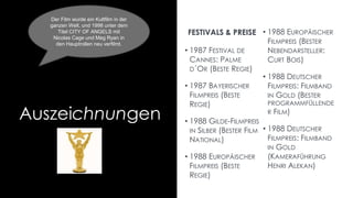 Auszeichnungen
FESTIVALS & PREISE
• 1987 FESTIVAL DE
CANNES: PALME
D´OR (BESTE REGIE)
• 1987 BAYERISCHER
FILMPREIS (BESTE
REGIE)
• 1988 GILDE-FILMPREIS
IN SILBER (BESTER FILM
NATIONAL)
• 1988 EUROPÄISCHER
FILMPREIS (BESTE
REGIE)
• 1988 EUROPÄISCHER
FILMPREIS (BESTER
NEBENDARSTELLER:
CURT BOIS)
• 1988 DEUTSCHER
FILMPREIS: FILMBAND
IN GOLD (BESTER
PROGRAMMFÜLLENDE
R FILM)
• 1988 DEUTSCHER
FILMPREIS: FILMBAND
IN GOLD
(KAMERAFÜHRUNG
HENRI ALEKAN)
Der Film wurde ein Kultfilm in der
ganzen Welt, und 1998 unter dem
Titel CITY OF ANGELS mit
Nicolas Cage und Meg Ryan in
den Hauptrollen neu verfilmt.
 