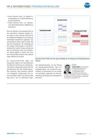 NOVEMBER 2017 3
HR & MITARBEITENDE PERSONALENTWICKLUNG
• Interne Business Driver: z.B. geplante In-
ternationalisierung, P...