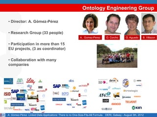 Ontology Engineering Group

• Director: A. Gómez-Pérez

• Research Group (33 people)
                                                           A. Gomez-Perez         O. Corcho      G. Aguado     B. Villazon

• Participation in more than 15
EU projects, (3 as coordinator)

• Collaboration with many
companies




                                                                            ,,,

                                                                                                  3
A. Gómez-Pérez. Linked Data Applications: There is no One-Size-Fits-All Formula. DERI, Galway - August 3th, 2012
 