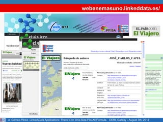 webenemasuno.linkeddata.es/




A. Gómez-Pérez. Linked Data Applications: There is no One-Size-Fits-All Formula. DERI, Galway - August 3th, 2012
 