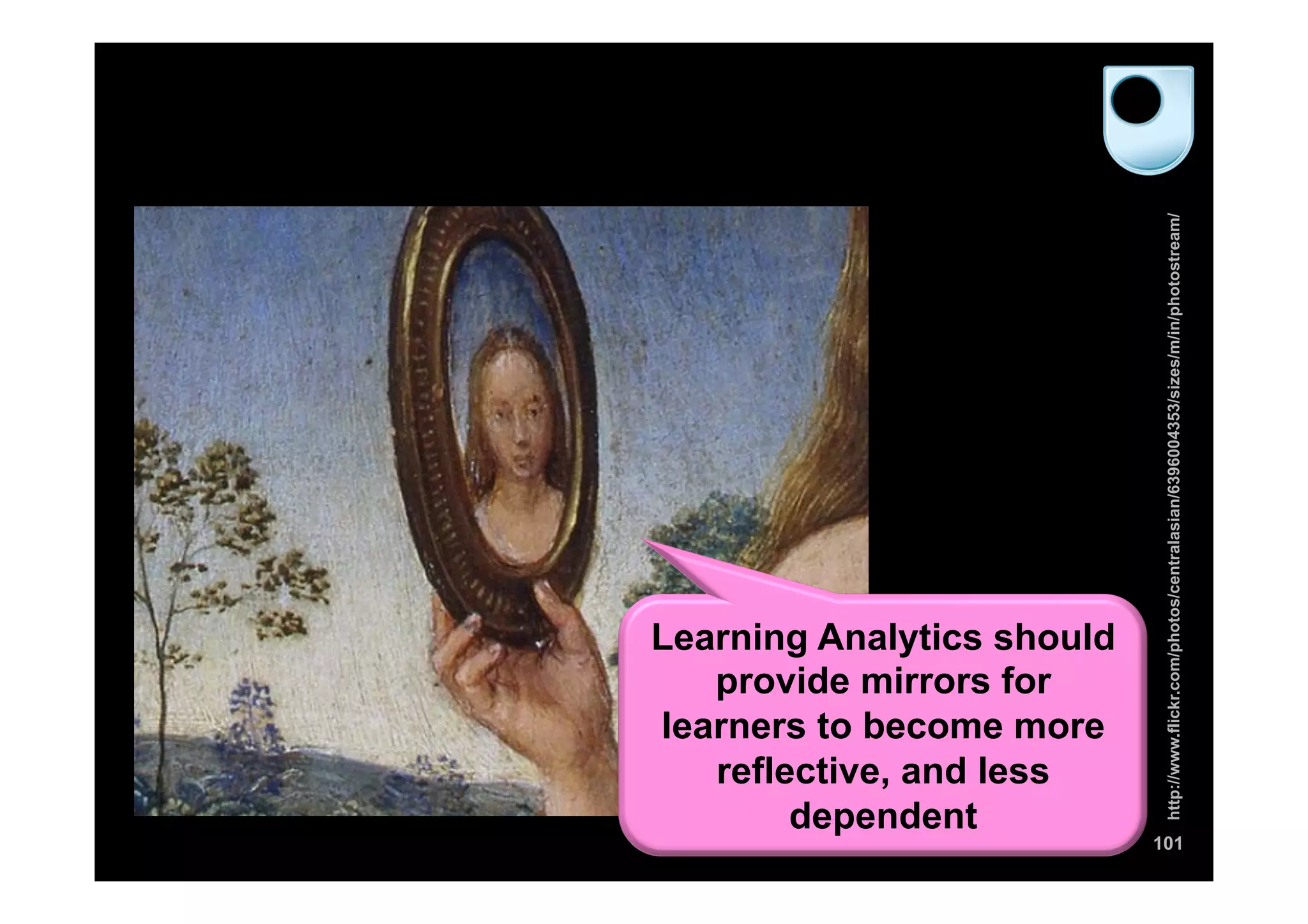 101
http://www.flickr.com/photos/centralasian/6396004353/sizes/m/in/photostream/
Learning Analytics should
provide mirrors for
learners to become more
reflective, and less
dependent
 