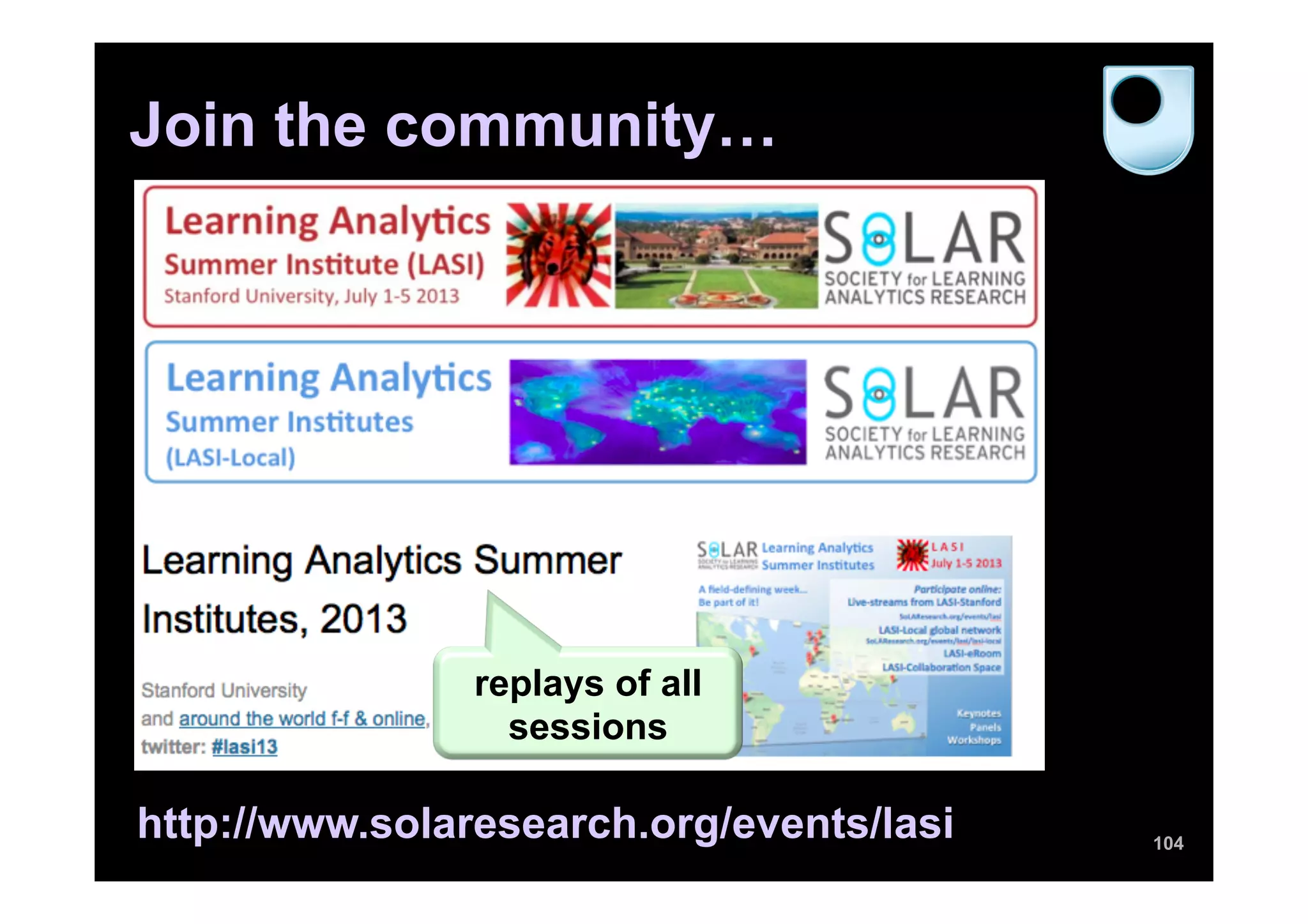 Join the community…
104
http://www.solaresearch.org/events/lasi
replays of all
sessions
 