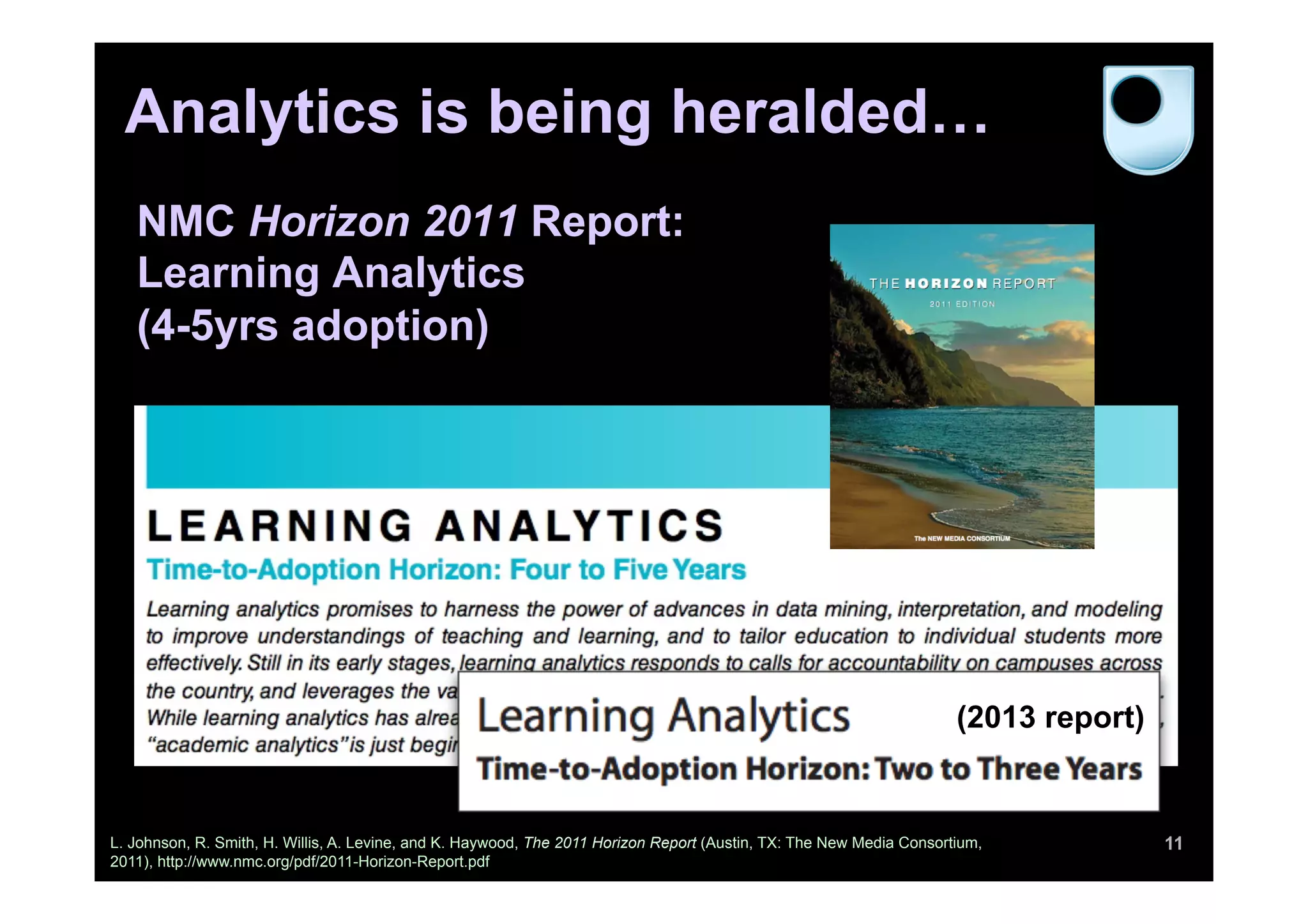 11L. Johnson, R. Smith, H. Willis, A. Levine, and K. Haywood, The 2011 Horizon Report (Austin, TX: The New Media Consortium,
2011), http://www.nmc.org/pdf/2011-Horizon-Report.pdf
NMC Horizon 2011 Report:
Learning Analytics
(4-5yrs adoption)
Analytics is being heralded…
(2013 report)
 
