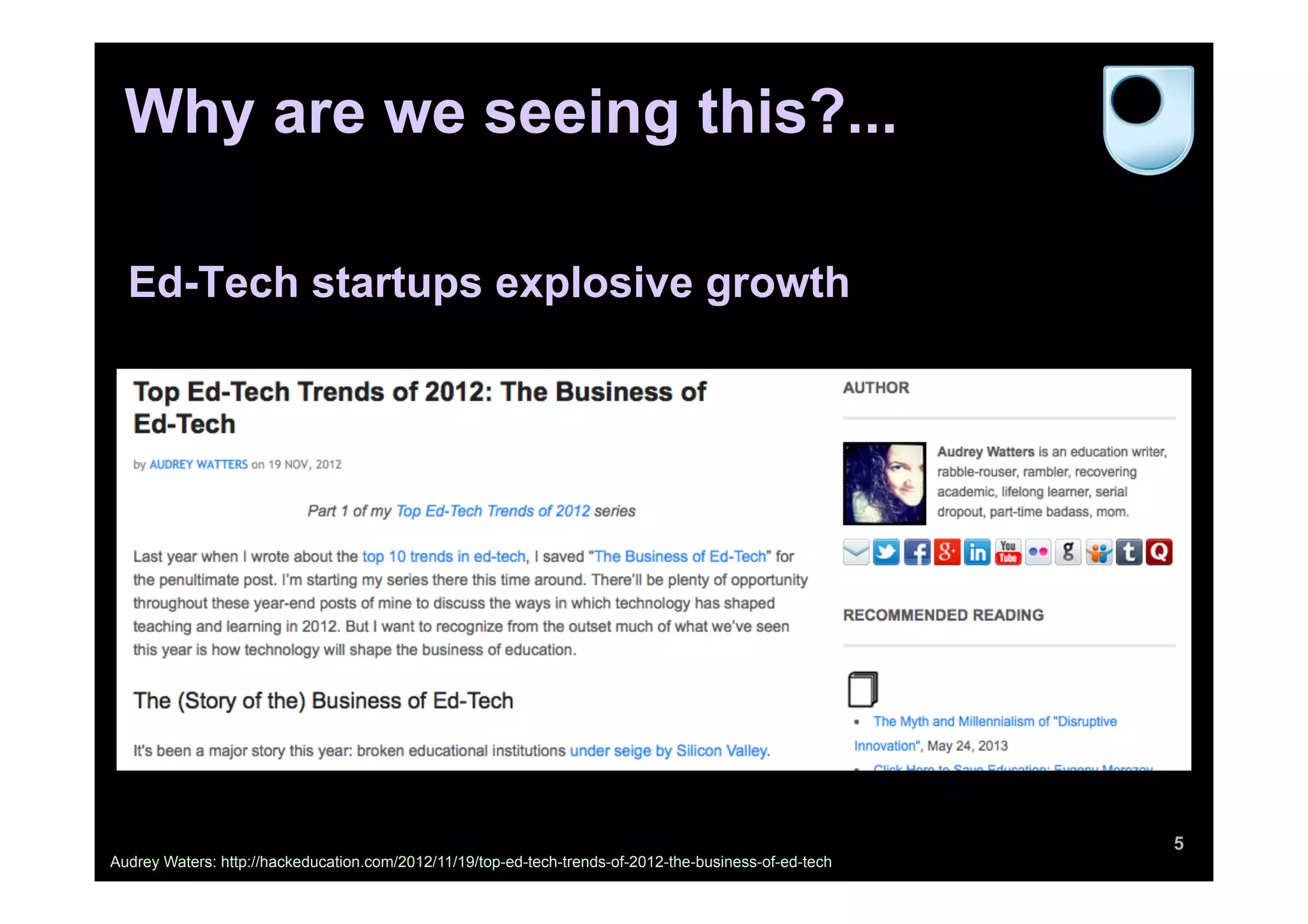 5
Audrey Waters: http://hackeducation.com/2012/11/19/top-ed-tech-trends-of-2012-the-business-of-ed-tech
Ed-Tech startups explosive growth
Why are we seeing this?...
 