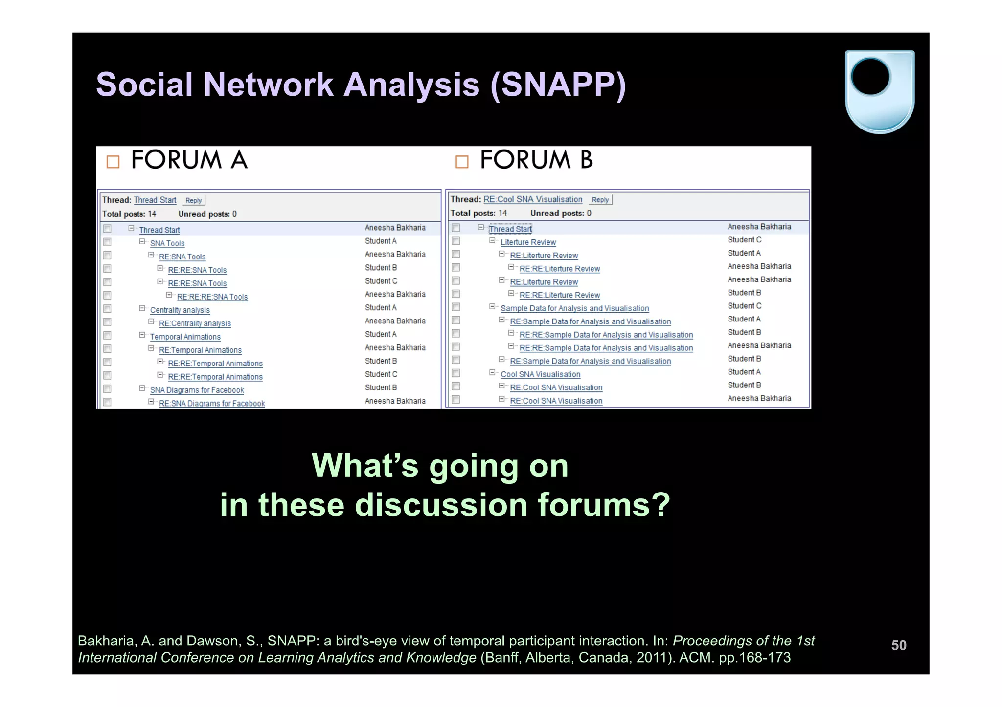 Social Network Analysis (SNAPP)
50Bakharia, A. and Dawson, S., SNAPP: a bird's-eye view of temporal participant interaction. In: Proceedings of the 1st
International Conference on Learning Analytics and Knowledge (Banff, Alberta, Canada, 2011). ACM. pp.168-173
What’s going on
in these discussion forums?
 