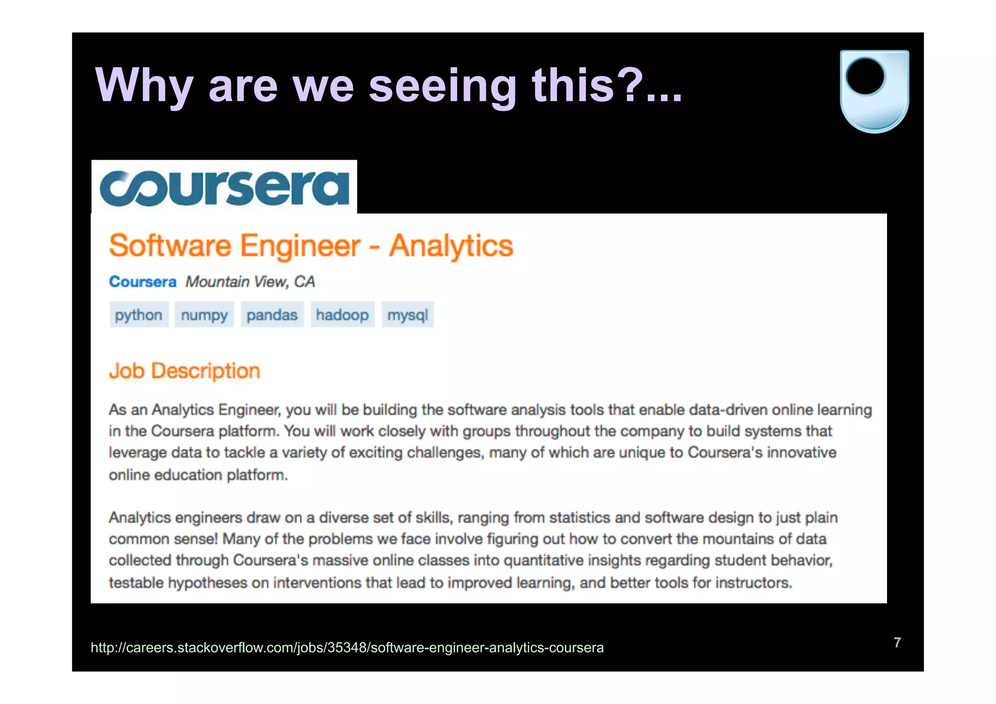 7http://careers.stackoverflow.com/jobs/35348/software-engineer-analytics-coursera
Why are we seeing this?...
 