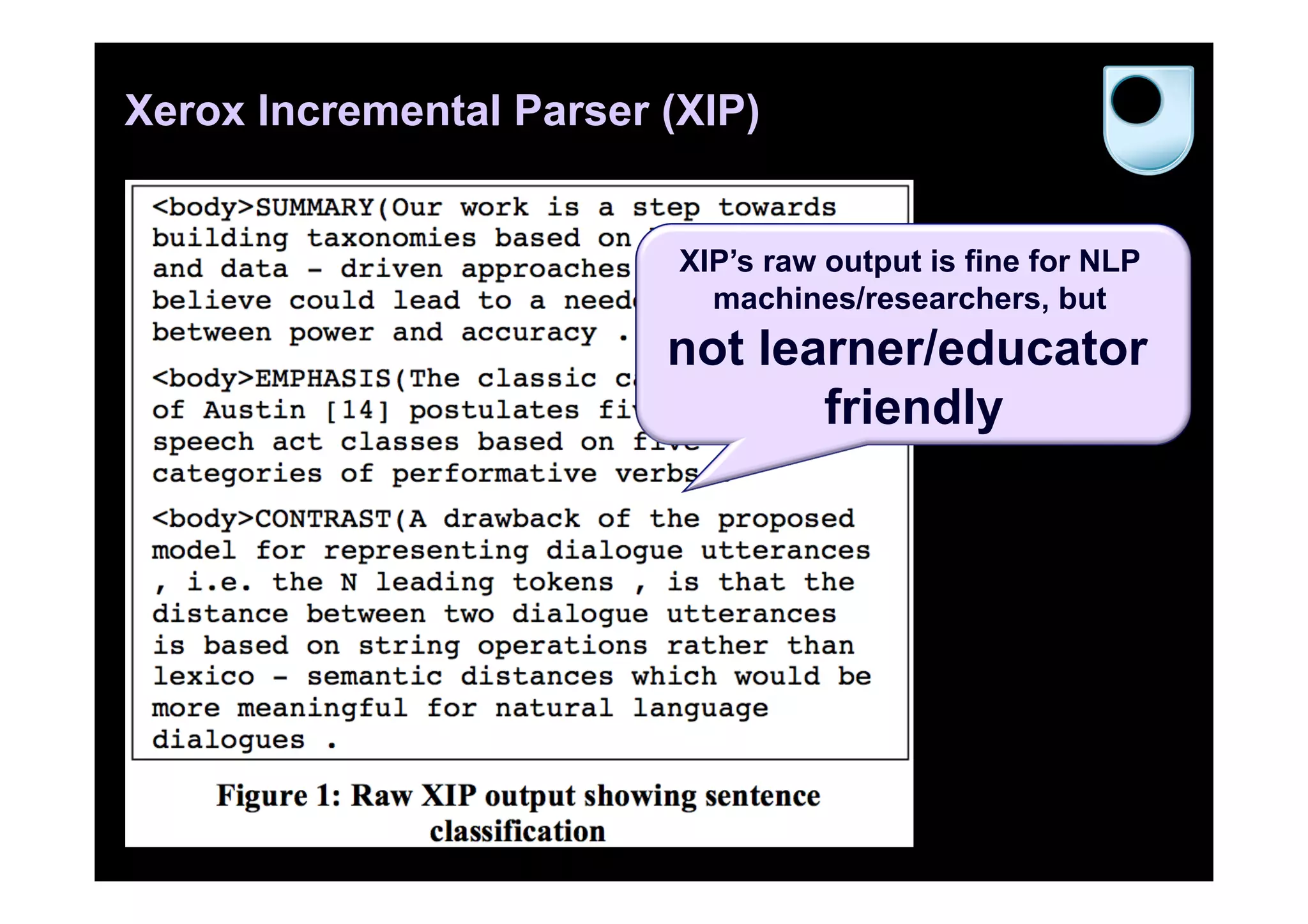 Xerox Incremental Parser (XIP)
XIP’s raw output is fine for NLP
machines/researchers, but
not learner/educator
friendly
 