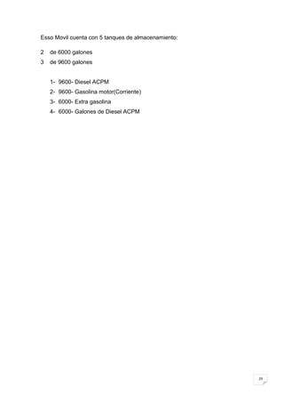 Esso Movil cuenta con 5 tanques de almacenamiento:

2   de 6000 galones
3   de 9600 galones


    1- 9600- Diesel ACPM
    2- 9600- Gasolina motor(Corriente)
    3- 6000- Extra gasolina
    4- 6000- Galones de Diesel ACPM




                                                     29
 