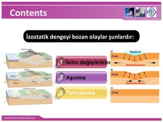 mehmetaliercan@hotmail.com
Contents
İklim değişiklikleri
Aşınma
Tortulanma
1
2
3
İzostatik dengeyi bozan olaylar şunlardır:
 