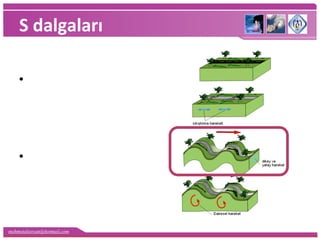 mehmetaliercan@hotmail.com
S dalgaları
•P dalgalarından sonra
gelen S (enine dalgalar)
dalgaları yüzeyi aşağı
yukarı, sağa ve sola doğru
şiddetle sallar.
•S dalgaları saniyede
yaklaşık 4,5 km hızla
yayılırlar.
 