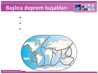 mehmetaliercan@hotmail.com
Başlıca deprem kuşakları
• Büyük Okyanus çevresi
• Alp - Himalaya Kıvrım Sistemi
• Akdeniz çevresi
 
