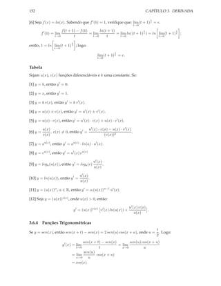 CAPÍTULO 3. DERIVADA

152

1

[6] Seja f (x) = ln(x). Sabendo que f ′ (1) = 1, veriﬁque que: lim (t + 1) t = e.
t→0

1
1
f (t + 1) − f (1)
ln(t + 1)
= lim
= lim ln((t + 1) t ) = ln lim (t + 1) t ;
t→0
t→0
t→0
t→0
t
t

f ′ (1) = lim

1

então, 1 = ln lim (t + 1) t ; logo:
t→0

1

lim (t + 1) t = e.

t→0

Tabela
Sejam u(x), v(x) funções diferenciáveis e k uma constante. Se:
[1] y = k, então y ′ = 0.
[2] y = x, então y ′ = 1.
[3] y = k v(x), então y ′ = k v ′ (x).
[4] y = u(x) ± v(x), então y ′ = u′ (x) ± v ′ (x).
[5] y = u(x) · v(x), então y ′ = u′ (x) · v(x) + u(x) · v ′ (x).
[6] y =

u′ (x) · v(x) − u(x) · v ′ (x)
u(x)
, v(x) = 0, então y ′ =
.
v(x)
(v(x))2

[7] y = au(x) , então y ′ = au(x) · ln(a) · u′ (x).
[8] y = eu(x) , então y ′ = u′ (x) eu(x)
[9] y = loga (u(x)), então y ′ = loga (e)
[10] y = ln(u(x)), então y ′ =

u′ (x)
.
u(x)

u′ (x)
.
u(x)

[11] y = (u(x))α , α ∈ R, então y ′ = α (u(x))α−1 u′ (x).
[12] Seja y = (u(x))v(x) , onde u(x) > 0, então:
y ′ = (u(x))v(x) v ′ (x) ln(u(x)) +

u′ (x) v(x)
.
u(x)

3.6.4 Funções Trigonométricas
t
Se y = sen(x), então sen(x + t) − sen(x) = 2 sen(u) cos(x + u), onde u = . Logo:
2
sen(x + t) − sen(x)
sen(u) cos(x + u)
= lim
u→0
t
u
sen(u)
cos(x + u)
= lim
u→0
u
= cos(x)

y ′ (x) = lim

t→0

 