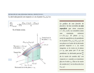 DEFINICIÓN DE UNA DERIVADA PARCIAL| RESPECTO DE X
La derivada parcial con respecto a x en el punto es:
Si el límite existe...