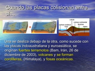 Cuando las placas colisionan entreCuando las placas colisionan entre
sí…sí…
Una se desliza debajo de la otra, como sucede conUna se desliza debajo de la otra, como sucede con
las placas indoaustraliana y euroasiática, selas placas indoaustraliana y euroasiática, se
originanoriginan fuertes terremotosfuertes terremotos (Bam, Irán, 26 de(Bam, Irán, 26 de
diciembre de 2003),diciembre de 2003), volcanesvolcanes yy se formanse forman
cordilleras,cordilleras, (Himalaya), y(Himalaya), y fosas oceánicas.fosas oceánicas.
 