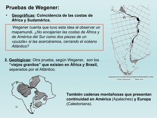 Pruebas de Wegener: Geográficas : Coincidencia de las costas de África y Sudamérica.  Wegener  cuenta que tuvo esta idea al observar un mapamundi.  ¿No encajarían las costas de África y de América del Sur como dos piezas de un «puzzle» si las acercáramos, cerrando el océano Atlántico?  2.  Geológicas :  Otra prueba, según Wegener,  son los  “viejos granitos” que existen en África y Brasil,  separados por el Atlántico.  También cadenas montañosas que presentan continuidad en América  (Apalaches)  y Europa  (Caledoniana).  