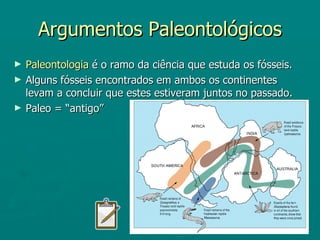 Argumentos Paleontológicos Paleontologia  é o ramo da ciência que estuda os fósseis. Alguns fósseis encontrados em ambos os continentes levam a concluir que estes estiveram juntos no passado. Paleo = “antigo” 