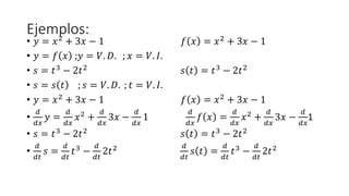 Ejemplos:
• 𝑦 = 𝑥2 + 3𝑥 − 1 𝑓 𝑥 = 𝑥2 + 3𝑥 − 1
• 𝑦 = 𝑓 𝑥 ;𝑦 = 𝑉. 𝐷. ; 𝑥 = 𝑉. 𝐼.
• 𝑠 = 𝑡3 − 2𝑡2 𝑠 𝑡 = 𝑡3 − 2𝑡2
• 𝑠 = 𝑠 𝑡 ; 𝑠 = 𝑉. 𝐷. ; 𝑡 = 𝑉. 𝐼.
• 𝑦 = 𝑥2 + 3𝑥 − 1 𝑓 𝑥 = 𝑥2 + 3𝑥 − 1
•
𝑑
𝑑𝑥
𝑦 =
𝑑
𝑑𝑥
𝑥2 +
𝑑
𝑑𝑥
3𝑥 −
𝑑
𝑑𝑥
1
𝑑
𝑑𝑥
𝑓 𝑥 =
𝑑
𝑑𝑥
𝑥2 +
𝑑
𝑑𝑥
3𝑥 −
𝑑
𝑑𝑥
1
• 𝑠 = 𝑡3 − 2𝑡2 𝑠 𝑡 = 𝑡3 − 2𝑡2
•
𝑑
𝑑𝑡
𝑠 =
𝑑
𝑑𝑡
𝑡3 −
𝑑
𝑑𝑡
2𝑡2 𝑑
𝑑𝑡
𝑠 𝑡 =
𝑑
𝑑𝑡
𝑡3 −
𝑑
𝑑𝑡
2𝑡2
 