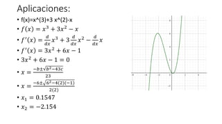 Aplicaciones:
• f(x)=x^(3)+3 x^(2)-x
• 𝑓 𝑥 = 𝑥3 + 3𝑥2 − 𝑥
• 𝑓′ 𝑥 =
𝑑
𝑑𝑥
𝑥3 + 3
𝑑
𝑑𝑥
𝑥2 −
𝑑
𝑑𝑥
𝑥
• 𝑓′ 𝑥 = 3𝑥2 + 6𝑥 − 1
• 3𝑥2 + 6𝑥 − 1 = 0
• 𝑥 =
−𝑏± 𝑏2−43𝑐
23
• 𝑥 =
−6± 62−4(2)(−1)
2(2)
• 𝑥1 = 0.1547
• 𝑥2 = −2.154
 