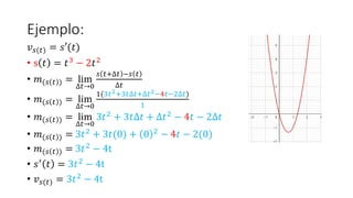 Ejemplo:
𝑣𝑠(𝑡) = 𝑠′(𝑡)
• s 𝑡 = 𝑡3 − 2𝑡2
• 𝑚(𝑠 𝑡 ) = lim
∆𝑡→0
𝑠 𝑡+∆𝑡 −𝑠 𝑡
∆𝑡
• 𝑚(𝑠 𝑡 ) = lim
∆𝑡→0
1(3𝑡2+3𝑡∆𝑡+∆𝑡2−4𝑡−2∆𝑡)
1
• 𝑚(𝑠 𝑡 ) = lim
∆𝑡→0
3𝑡2 + 3𝑡∆𝑡 + ∆𝑡2 − 4𝑡 − 2∆𝑡
• 𝑚(𝑠 𝑡 ) = 3𝑡2 + 3𝑡(0) + 0 2 − 4𝑡 − 2(0)
• 𝑚(𝑠 𝑡 ) = 3𝑡2 − 4t
• 𝑠′ 𝑡 = 3𝑡2 − 4t
• 𝑣𝑠(𝑡) = 3𝑡2
− 4t
 