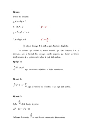 Ejemplos
Derivar las funciones:
1.
2.
El método de regla de la cadena para funciones implícitas
Ya sabemos que cuando se derivan términos que solo contienen a x, la
derivación será la habitual. Sin embargo, cuando tengamos que derivar un término
donde aparezca la y, será necesario aplicar la regla de la cadena.
Ejemplo 1:
Aquí las variables coinciden: se deriva normalmente.
Ejemplo 2:
Aquí las variables no coinciden: se usa regla de la cadena.
Ejemplo 3:
Hallar , de la función implícita:
Aplicando la notación , a cada término y extrayendo las constantes;
 