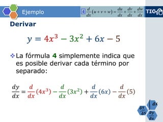 흏풚 흏풙 
Ejemplo 
Derivar 
푦=4푥3−3푥2+6푥−5 
La fórmula 4simplemente indica que es posible derivar cada términopor separado: 푑푦 푑푥 = 푑 푑푥 4푥3− 푑 푑푥 3푥2+ 푑 푑푥 6푥− 푑 푑푥 5 
4ddudvdwuvwdxdxdxdx   