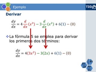 흏풚 흏풙 
Ejemplo 
Derivar 푑푦 푑푥 =4 푑 푑푥 푥3−3 푑 푑푥 푥2+61−0 
La fórmula 5 se emplea para derivar los primeros dos términos: 푑푦 푑푥 =43푥2−32푥+61−0  