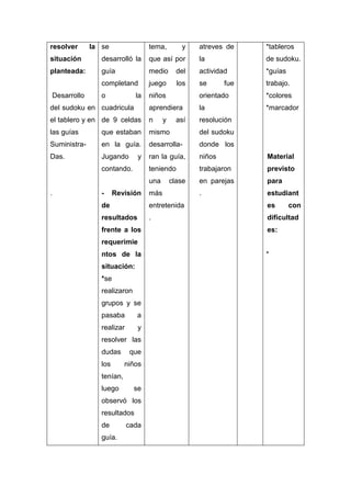 resolver

la se

tema,

y

atreves de

*tableros

situación

desarrolló la

que así por

la

de sudoku.

planteada:

guía

medio

del

actividad

*guías

completand

juego

los

se

trabajo.

o

niños

orientado

*colores

del sudoku en cuadricula

aprendiera

la

*marcador

el tablero y en de 9 celdas

n

resolución

las guías

que estaban

mismo

del sudoku

Suministra-

en la guía.

desarrolla-

donde los

Das.

Jugando

ran la guía,

niños

Material

teniendo

trabajaron

previsto

una

en parejas

para

.

estudiant

Desarrollo

la

y

contando.

.

-

Revisión

y

así

clase

más

fue

de

entretenida

es

resultados

.

dificultad

frente a los

es:

requerimie
ntos de la
situación:
*se
realizaron
grupos y se
pasaba

a

realizar

y

resolver las
dudas
los

que
niños

tenían,
luego

se

observó los
resultados
de
guía.

cada

*

con

 