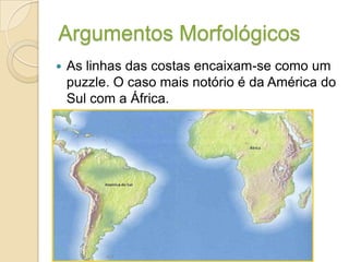 Argumentos Morfológicos
 As linhas das costas encaixam-se como um
puzzle. O caso mais notório é da América do
Sul com a África.
 