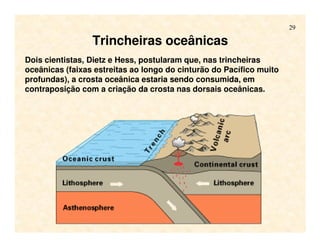 29
Trincheiras oceânicas
Dois cientistas, Dietz e Hess, postularam que, nas trincheiras
oceânicas (faixas estreitas ao longo do cinturão do Pacífico muito
profundas), a crosta oceânica estaria sendo consumida, em
contraposição com a criação da crosta nas dorsais oceânicas.
 
