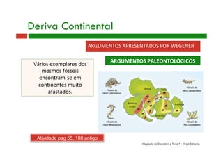 Deriva Continental
ARGUMENTOS APRESENTADOS POR WEGENER 
ARGUMENTOS PALEONTOLÓGICOS 
Vários exemplares dos 
mesmos fósseis 
encontram‐se em 
con9nentes muito 
afastados. 
Adaptado de Descobrir a Terra 7 - Areal Editores
Atividade pag 55, 108 antigo
 