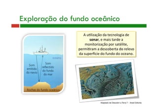 A u9lização da tecnologia de 
sonar, e mais tarde a 
monitorização por satélite, 
permi9ram a descoberta do relevo 
da superbcie do fundo do oceano. 
Exploração do fundo oceânico
Adaptado de Descobrir a Terra 7 - Areal Editores
 
