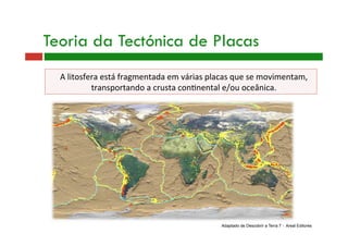 A litosfera está fragmentada em várias placas que se movimentam, 
transportando a crusta con9nental e/ou oceânica. 
Teoria da Tectónica de Placas
Adaptado de Descobrir a Terra 7 - Areal Editores
 