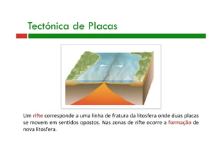 Tectónica de Placas
Um riUe corresponde a uma linha de fratura da litosfera onde duas placas 
se movem em sen9dos opostos. Nas zonas de ride ocorre a formação de 
nova litosfera.  
 