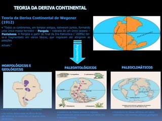 TEORIA DA DERIVA CONTINENTALTeoria da Deriva Continental de Wegener  (1912) • “Todos os continentes, em tempos antigos, estiveram juntos, formando uma única massa terrestre – Pangeia – rodeada de um único oceano – Pantalassa. A Pangeia a partir do final da Era Paleozóica (˜200Ma) ter-se-á fragmentado em vários blocos, que migraram até atingirem as posiçõesactuais.”ArgumentosMORFOLÓGICOS E GEOLÓGICOSPALEOCLIMÁTICOSPALEONTOLÓGICOS Encaixe quase perfeito dos continentes;