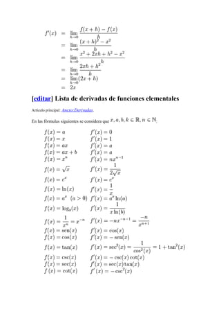[editar] Lista de derivadas de funciones elementales
Artículo principal: Anexo:Derivadas.

En las fórmulas siguientes se considera que   :
 