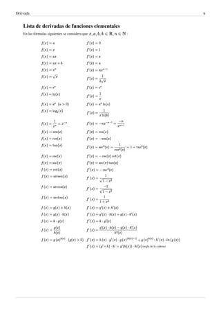 Derivada                                                                     9


    Lista de derivadas de funciones elementales
    En las fórmulas siguientes se considera que   :




                                                      (regla de la cadena)
 
