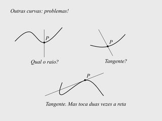Outras curvas: problemas!




               P
                                           P


        Qual o raio?                     Tangente?

                                 P




               Tangente. Mas toca duas vezes a reta
 