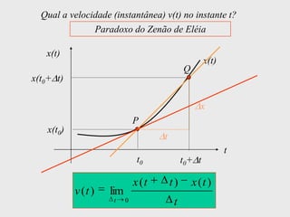 Qual a velocidade (instantânea) v(t) no instante t?
               Paradoxo do Zenão de Eléia

   x(t)
                                                       x(t)
                                               Q
x(t0+ t)

                                                     x
                               P
    x(t0)
                                      t
                                                              t
                                t0             t0+ t

                               x (t       t)       x (t )
            v (t )   lim
                     t     0               t
 